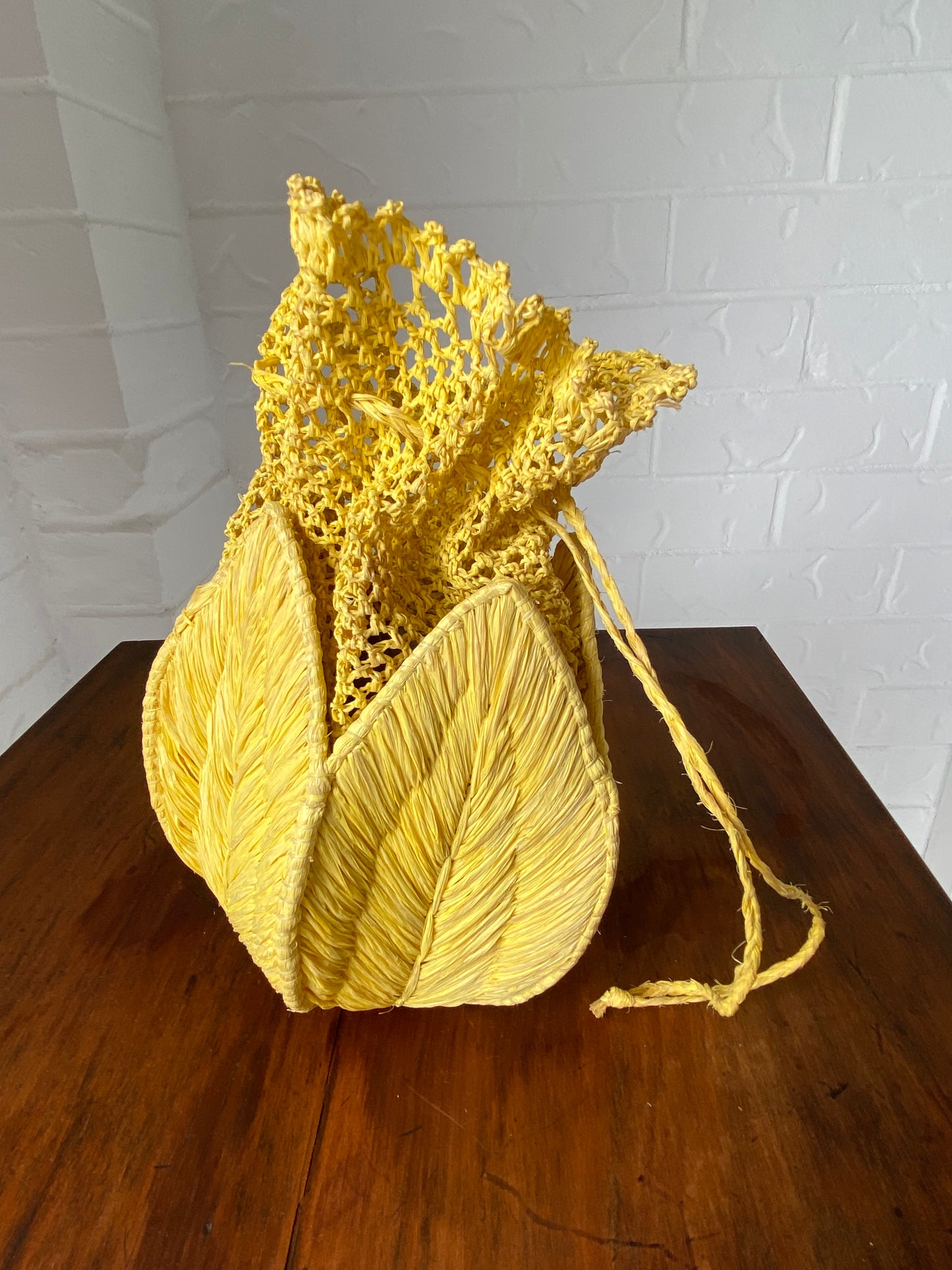 Vintage Golden Yellow Crochet and Rattan Drawstring Purse