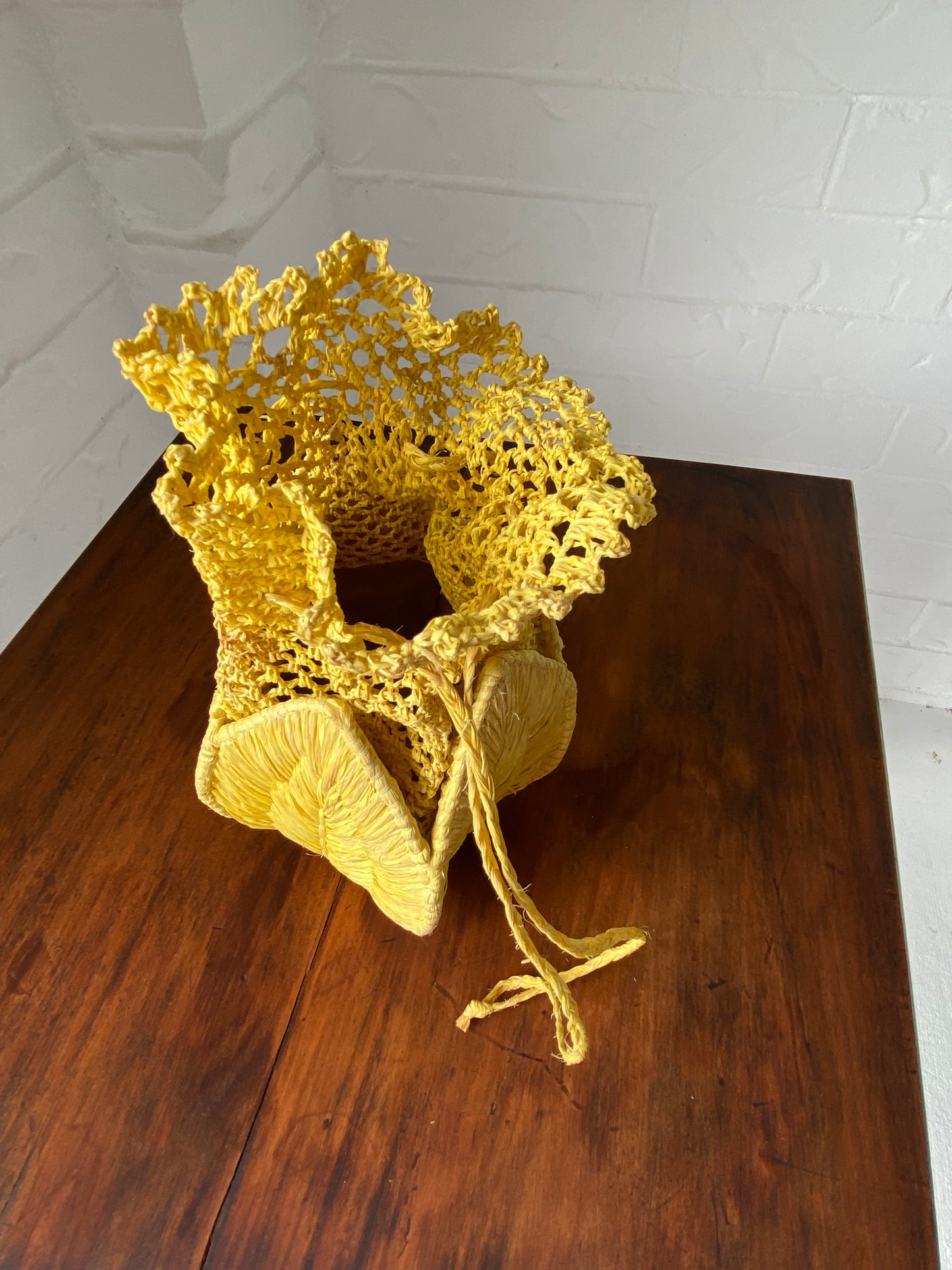 Vintage Golden Yellow Crochet and Rattan Drawstring Purse