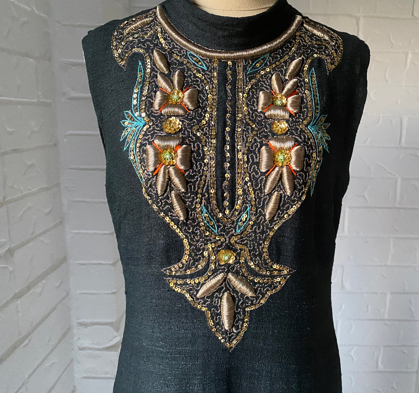 1970's Hand Embroidered Black Raw Silk Long Kaftan