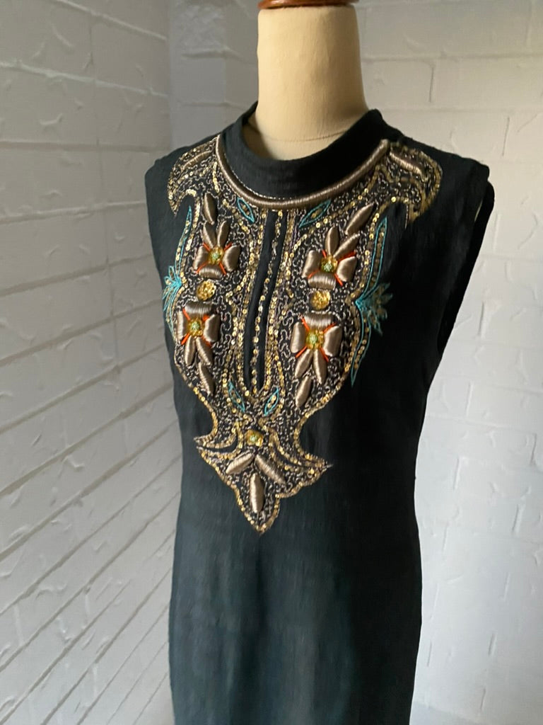 1970's Hand Embroidered Black Raw Silk Long Kaftan