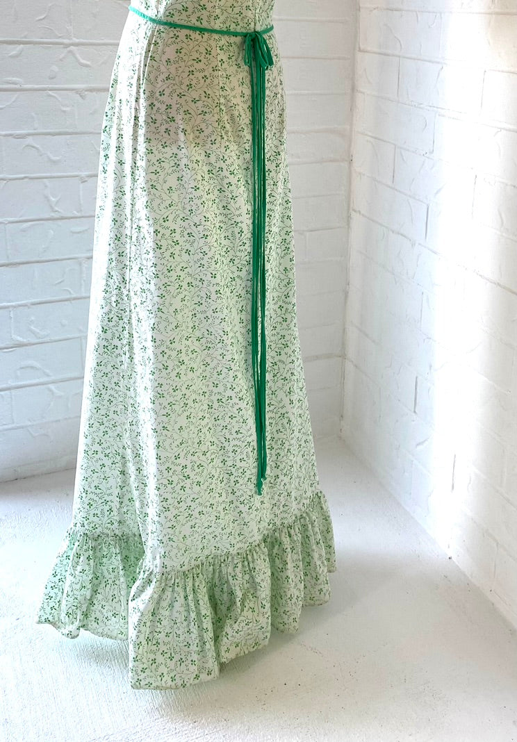 70s Fresh Green Flower Prairie Maxi Dress