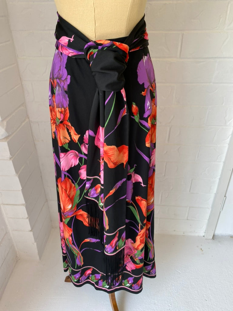 1970's Vintage KIO Floral Maxi SKirt + Fringed Tie/ Scarf