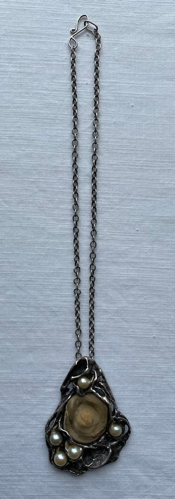 Brutalist Mid Century Petrified Shell Pearl & Silver Pendant