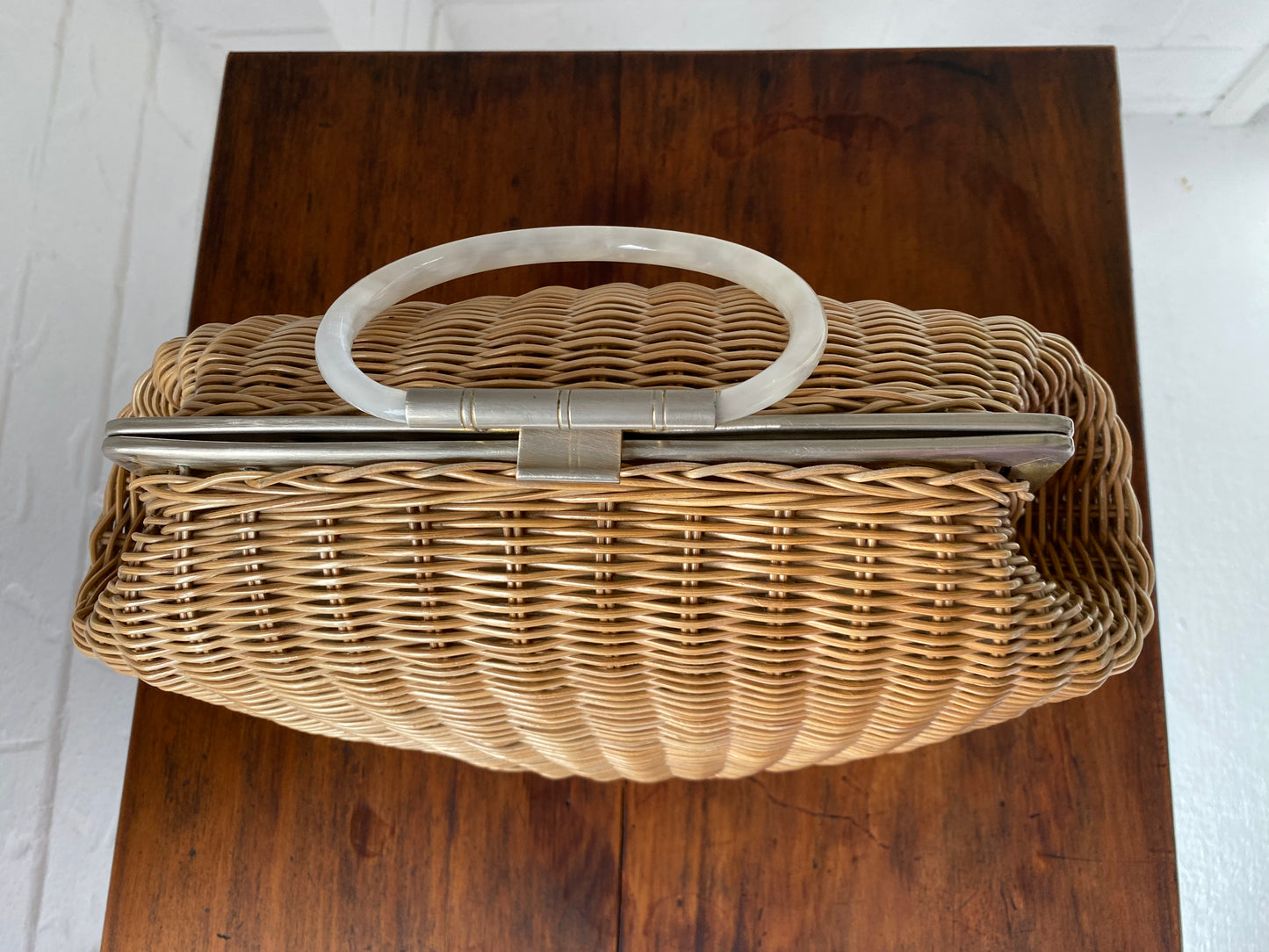 Large 1950's Plastic Wicker and Lucite Handle Bag