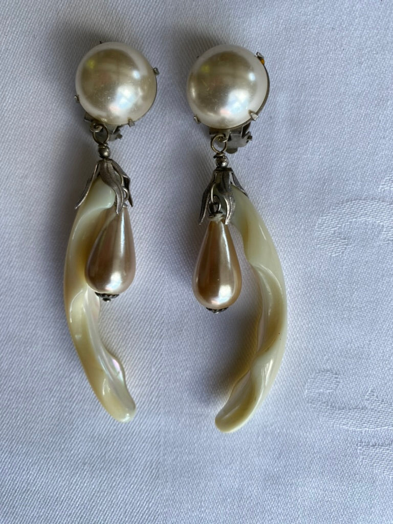 1950's Faux Pearl & Shell Drop Earrings