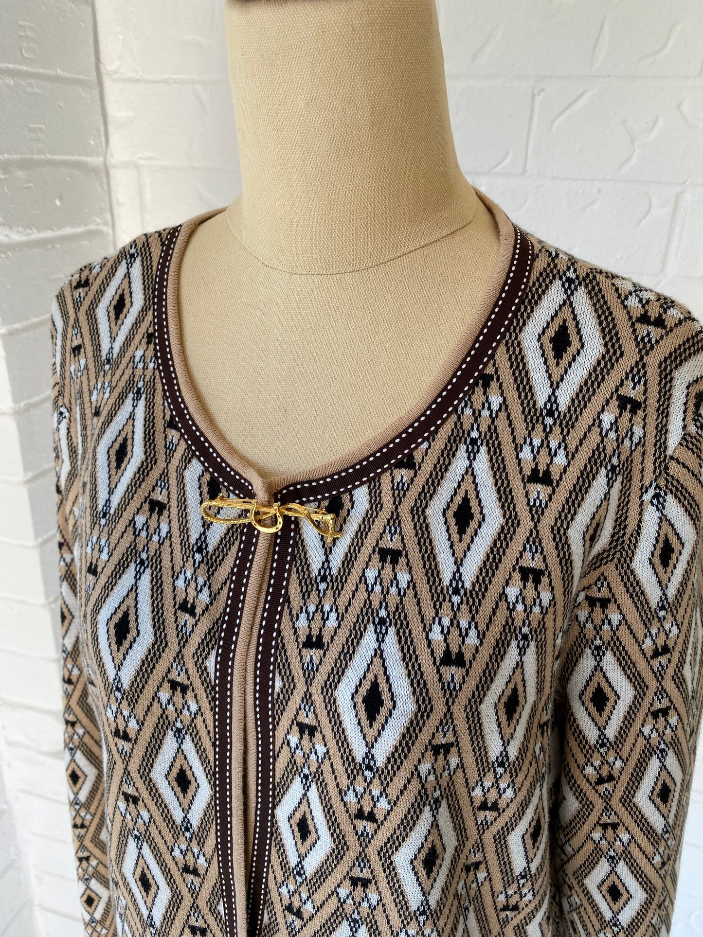 Graphic Cardigan with Equestrian Broach