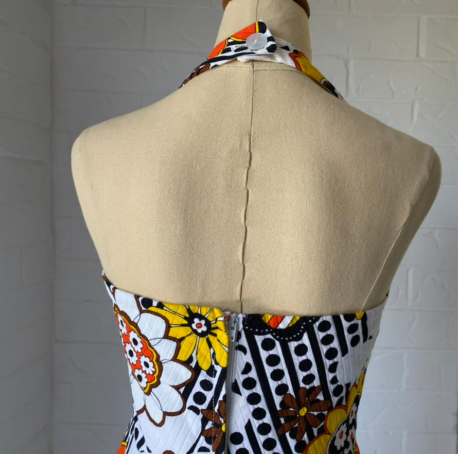 1970's Cotton Orange Flower Halter Neck Dress