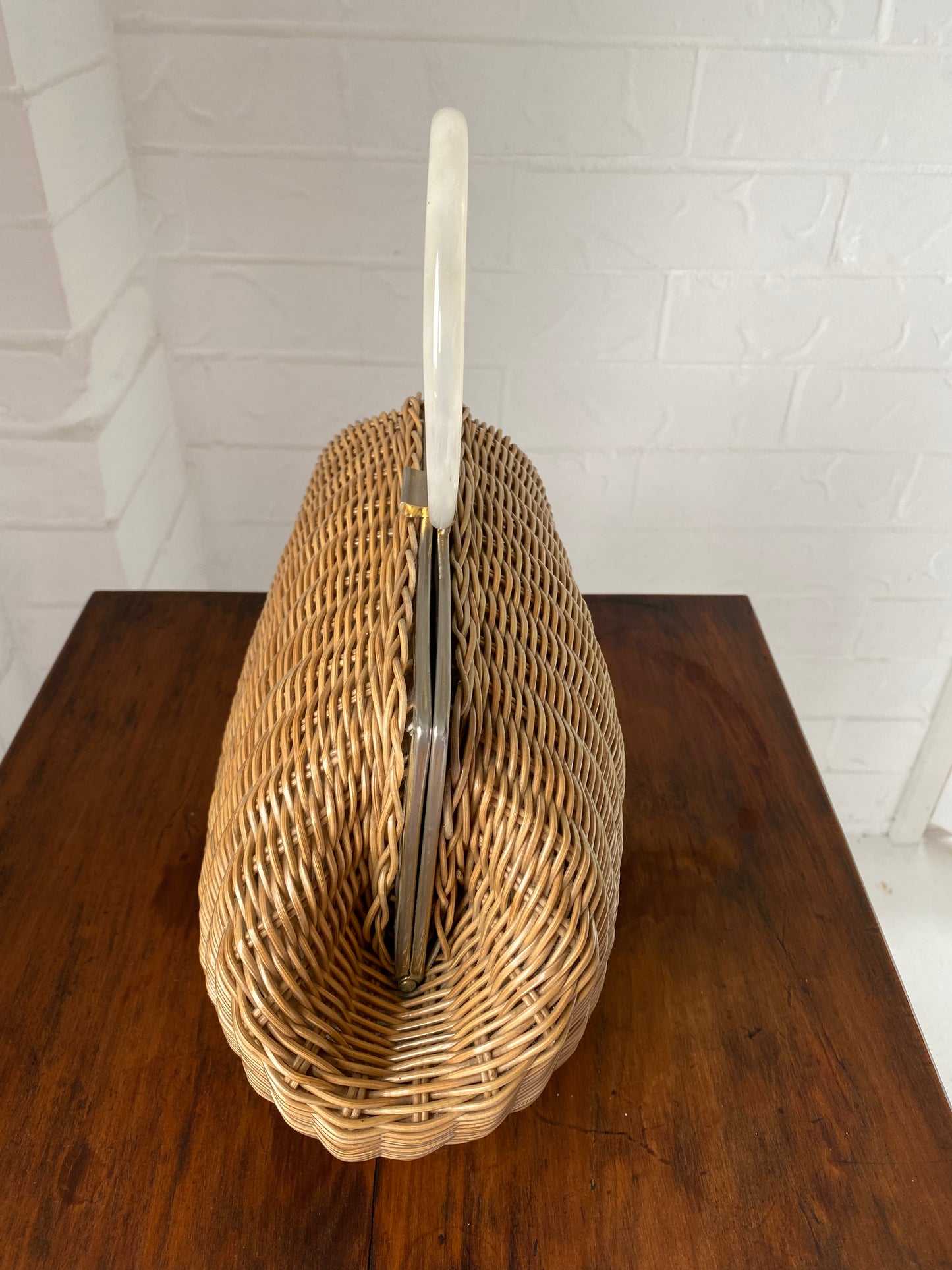 Large 1950's Plastic Wicker and Lucite Handle Bag