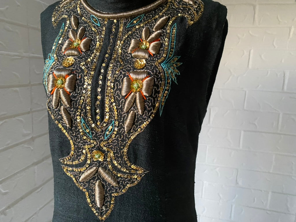 1970's Hand Embroidered Black Raw Silk Long Kaftan