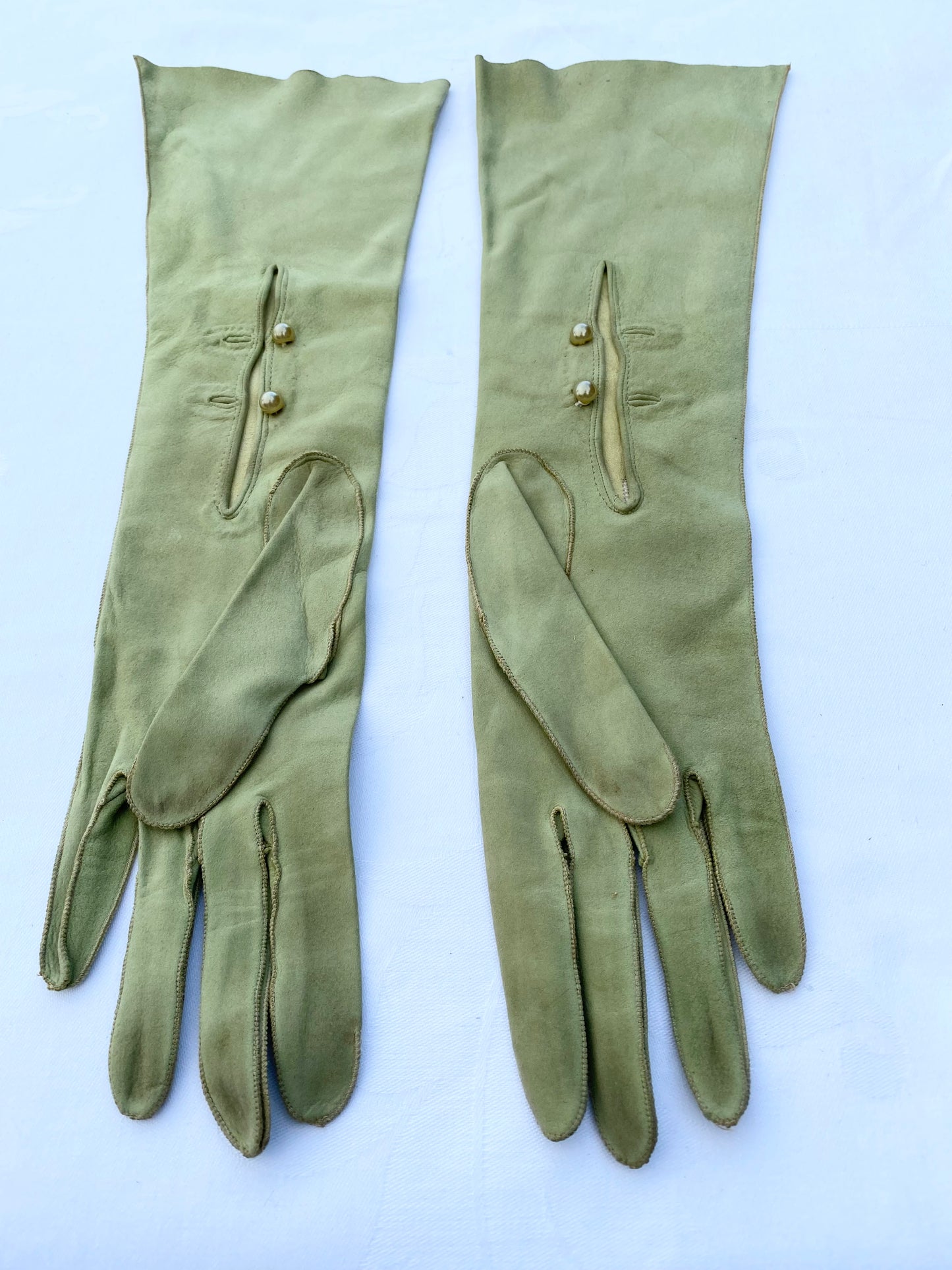 Pea Green Long Suede Gloves