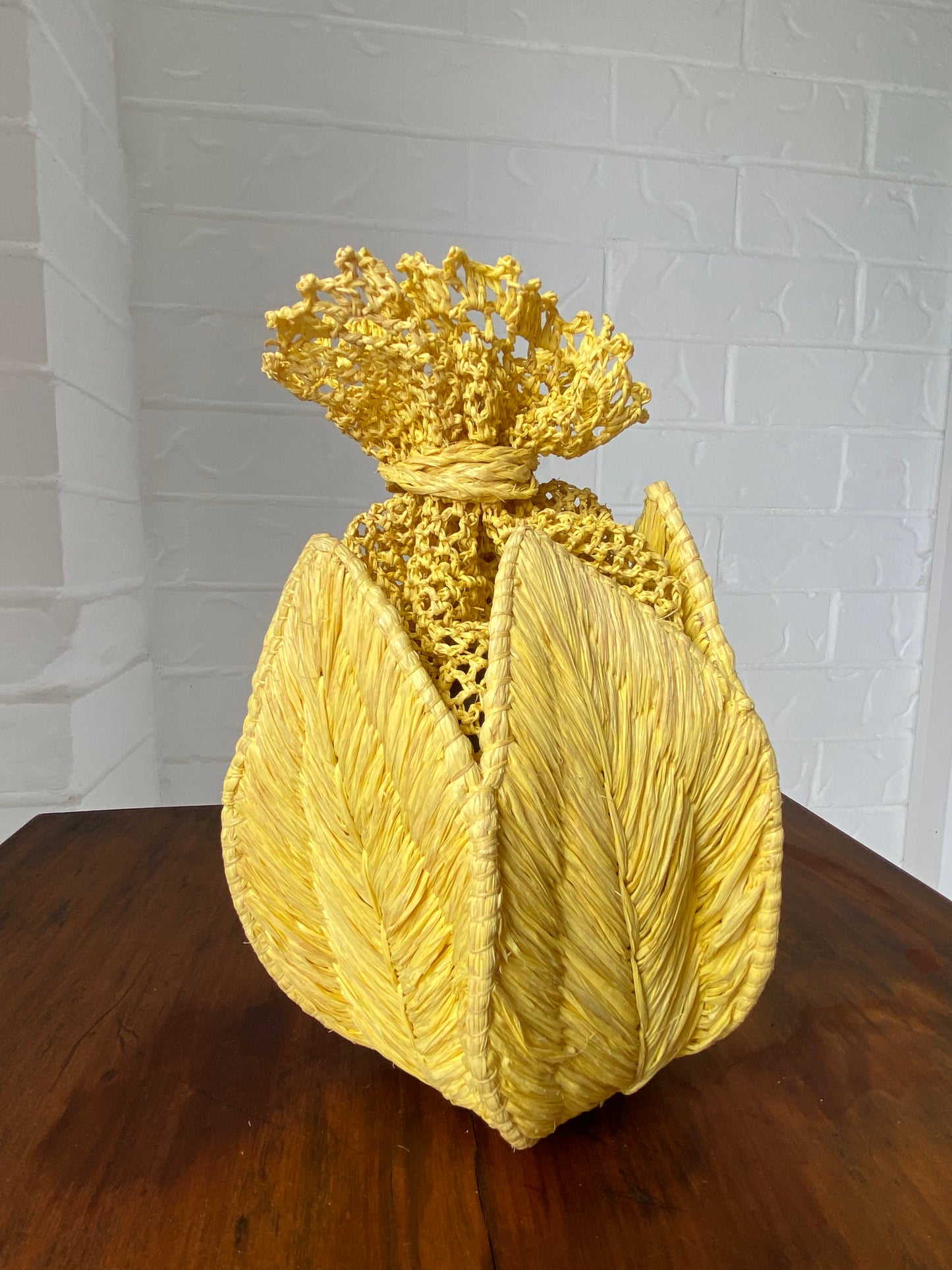 Vintage Golden Yellow Crochet and Rattan Drawstring Purse