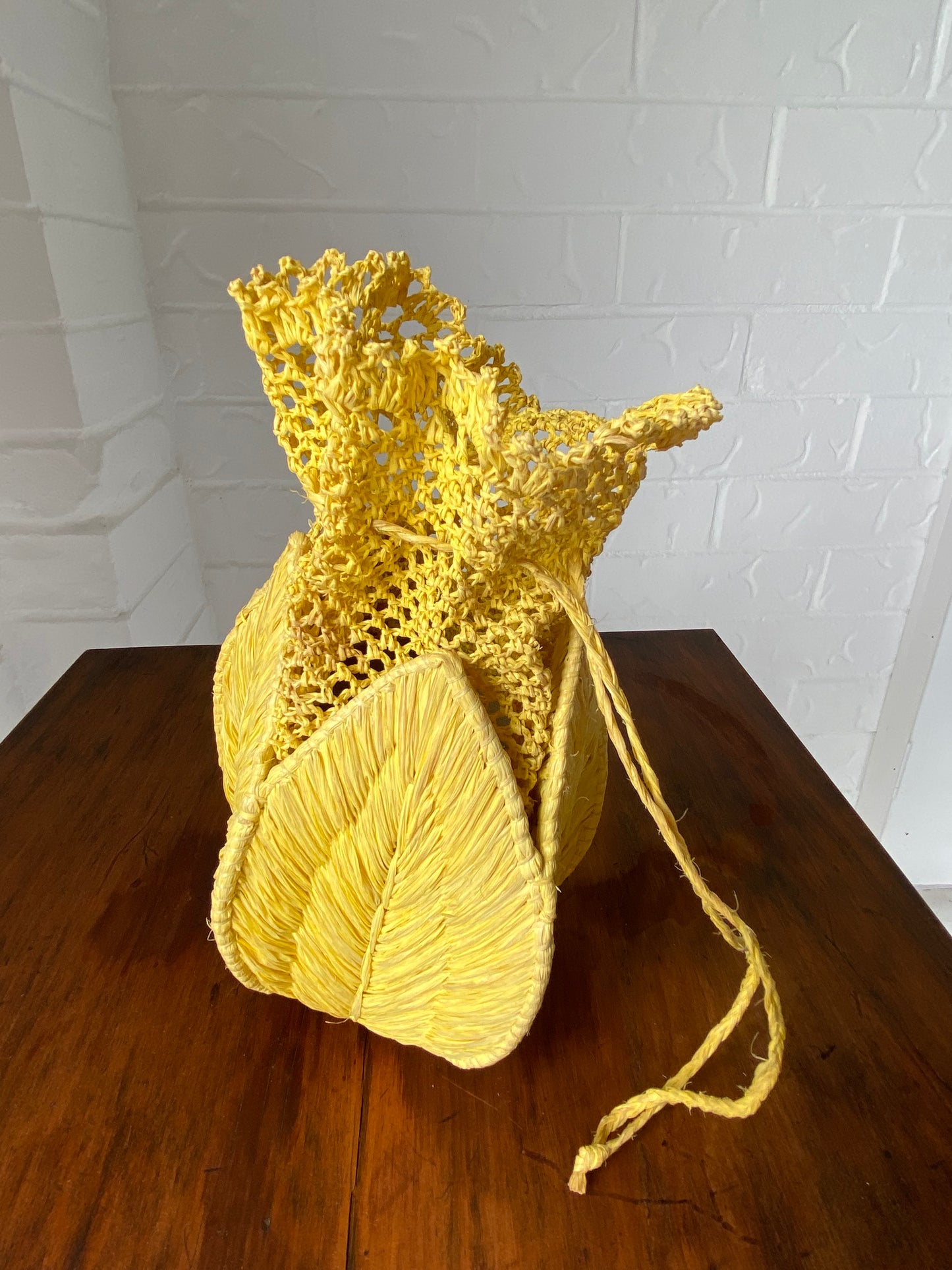 Vintage Golden Yellow Crochet and Rattan Drawstring Purse