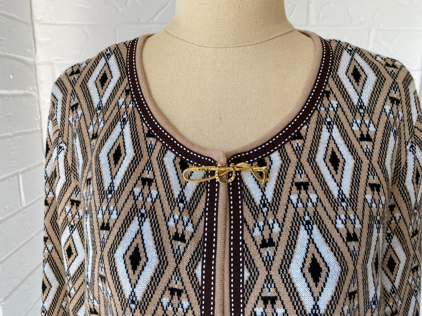 Graphic Cardigan with Equestrian Broach