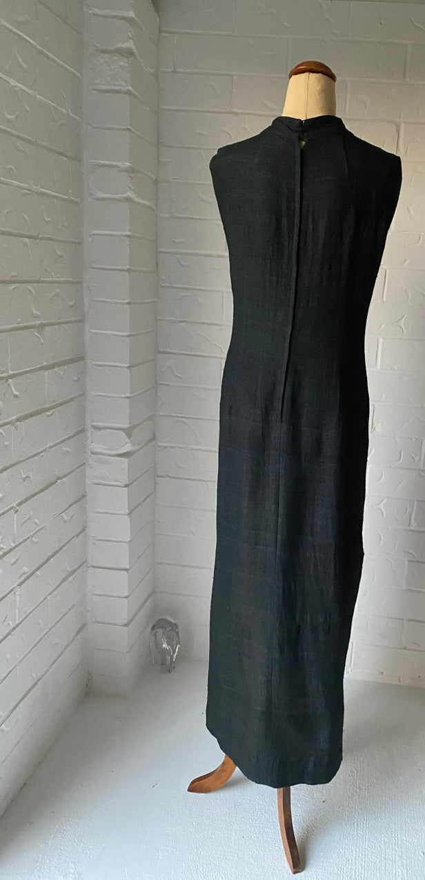 1970's Hand Embroidered Black Raw Silk Long Kaftan