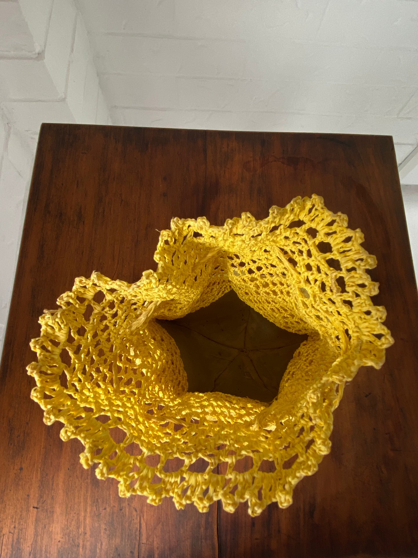 Vintage Golden Yellow Crochet and Rattan Drawstring Purse