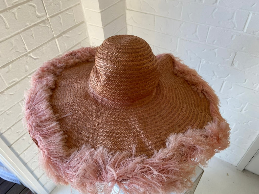 70's Blush Pink Straw Fringed Sun Hat