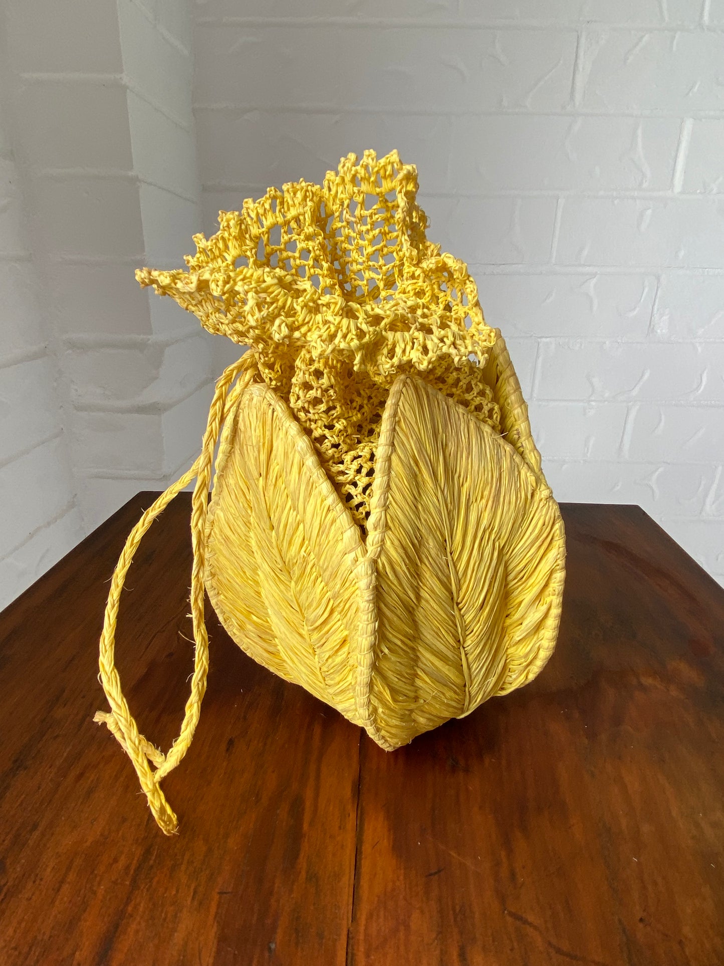 Vintage Golden Yellow Crochet and Rattan Drawstring Purse