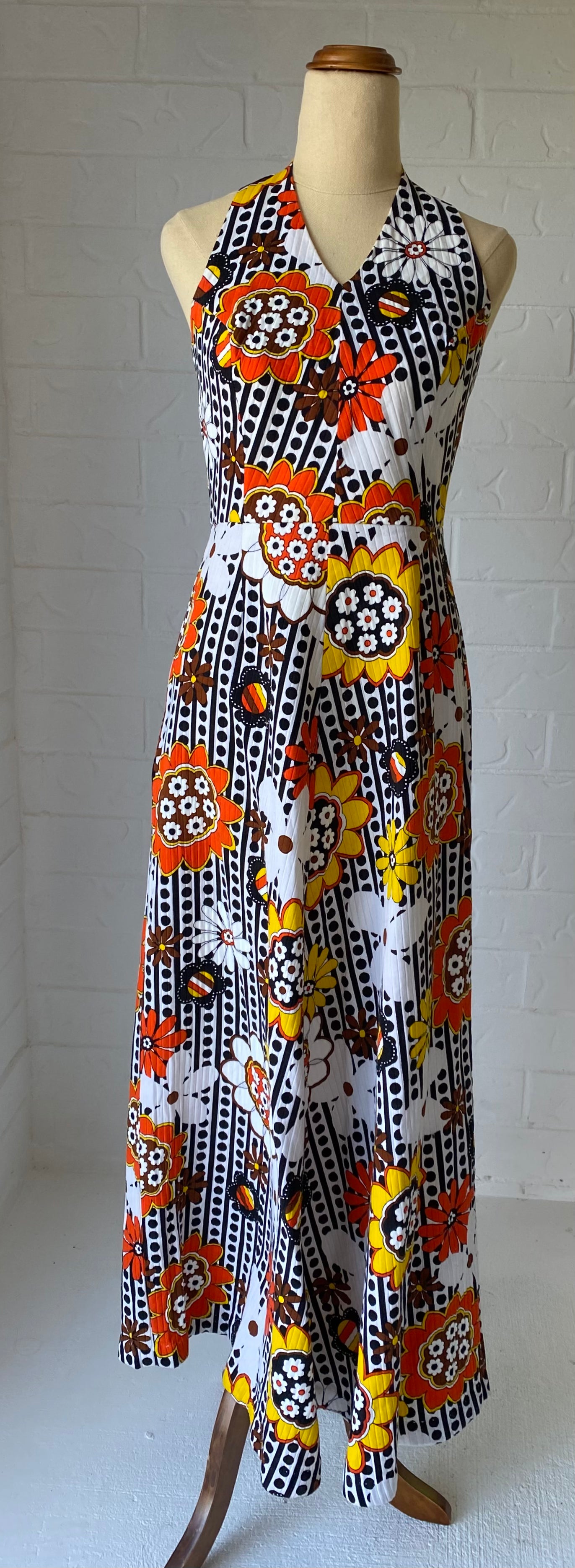 1970's Cotton Orange Flower Halter Neck Dress