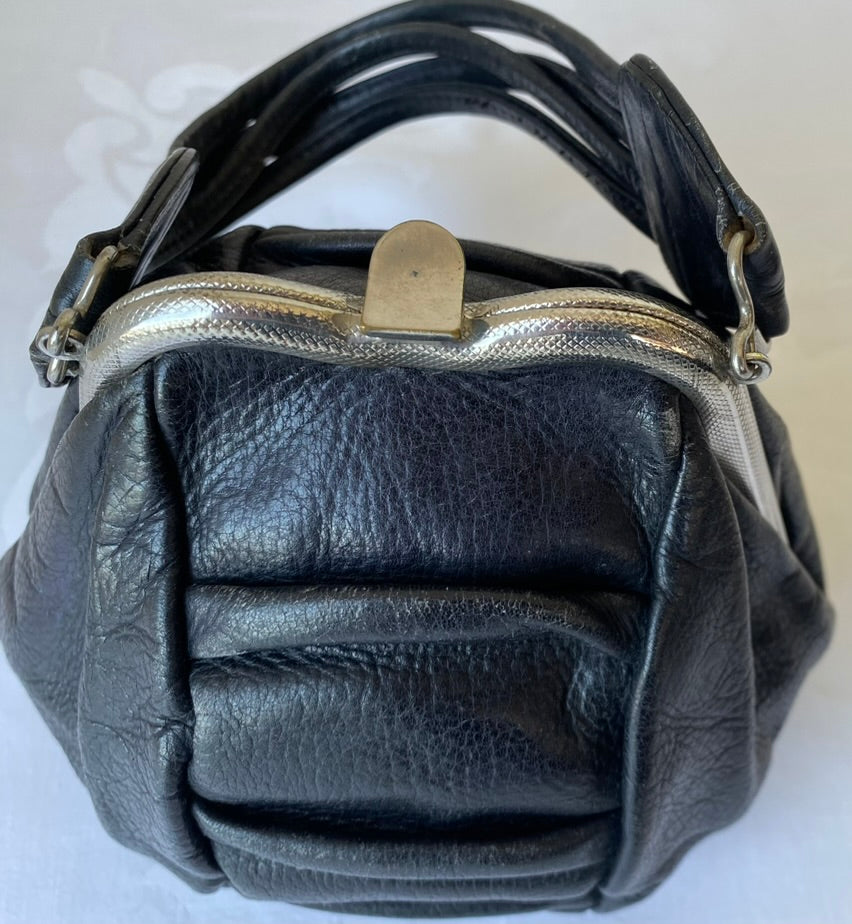 1950's Black Ruched Leather Handbag