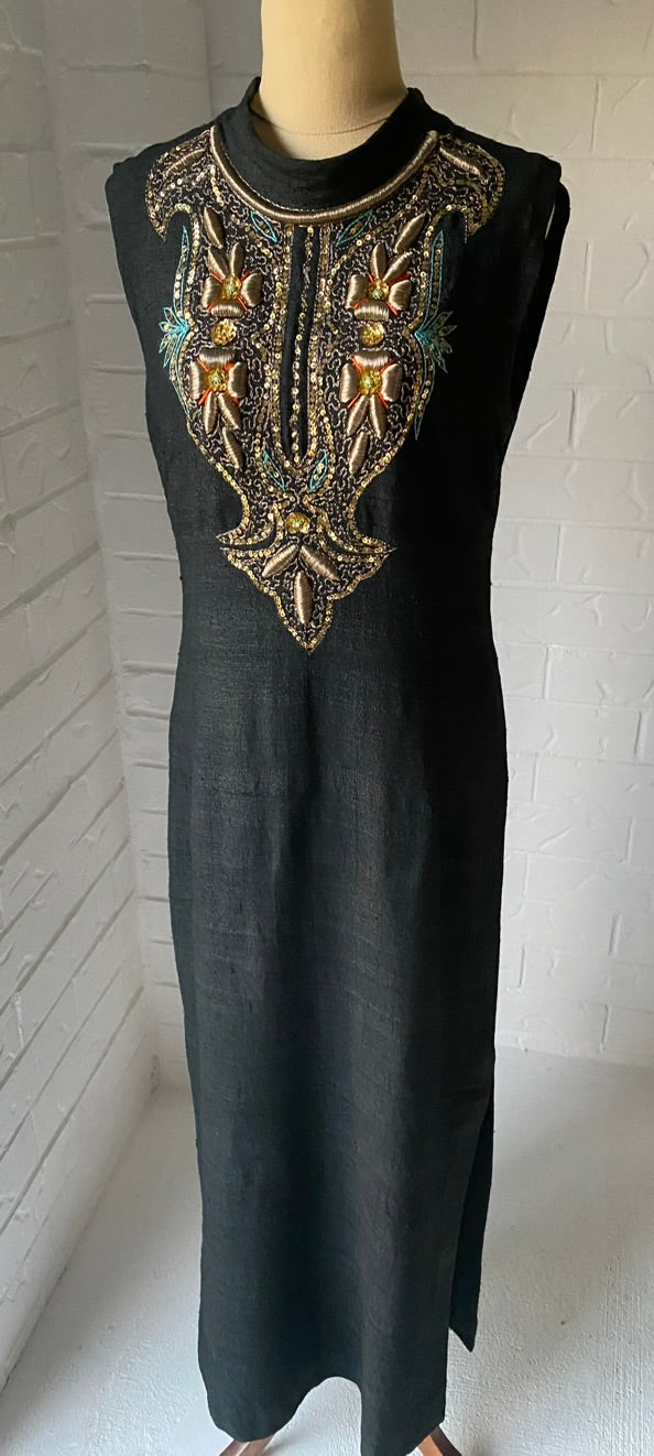 1970's Hand Embroidered Black Raw Silk Long Kaftan