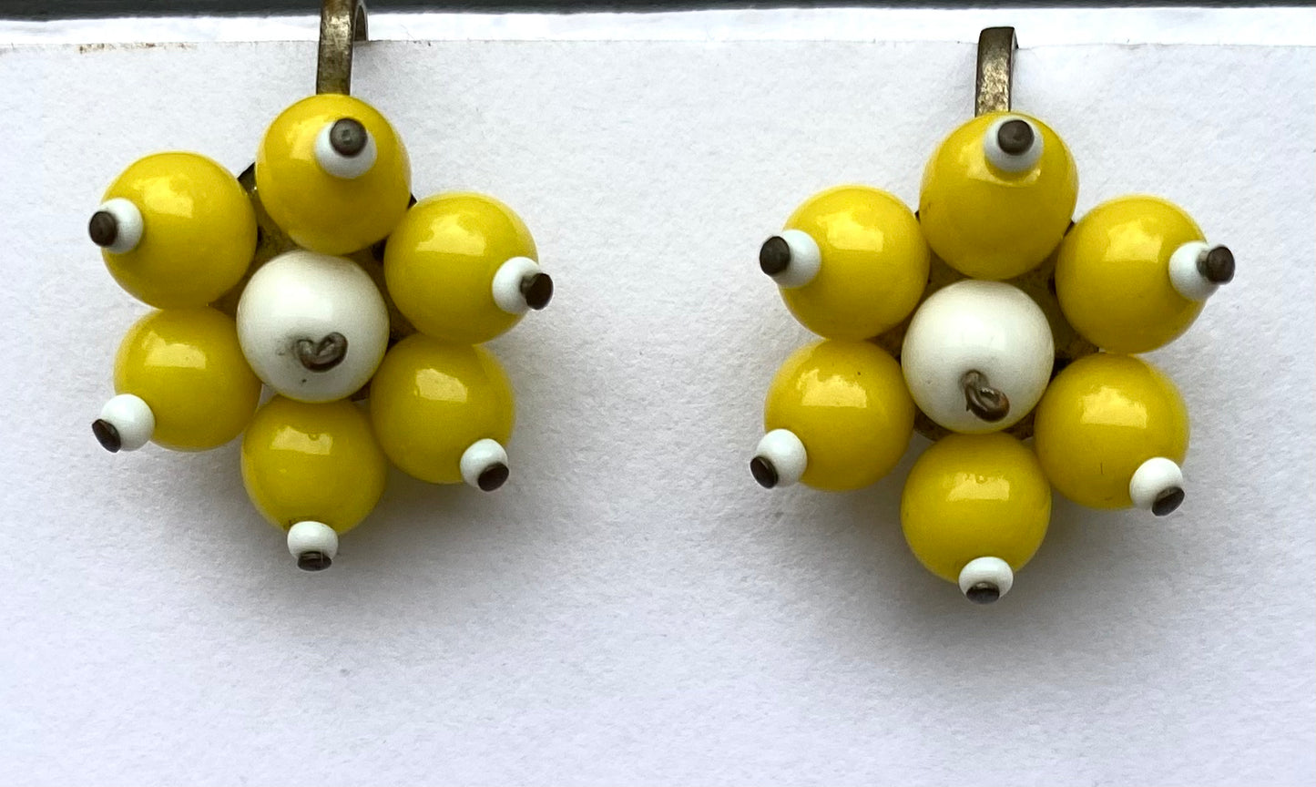 1950's Yellow & White Glass Cluster Earrings