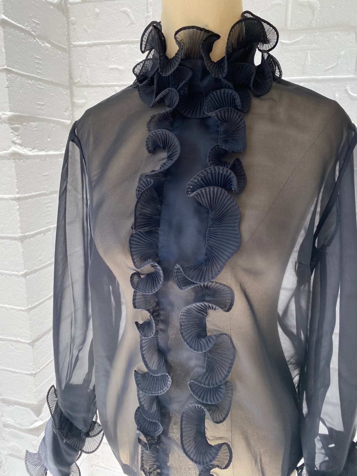 Ruffle Front Black Sheer Blouse