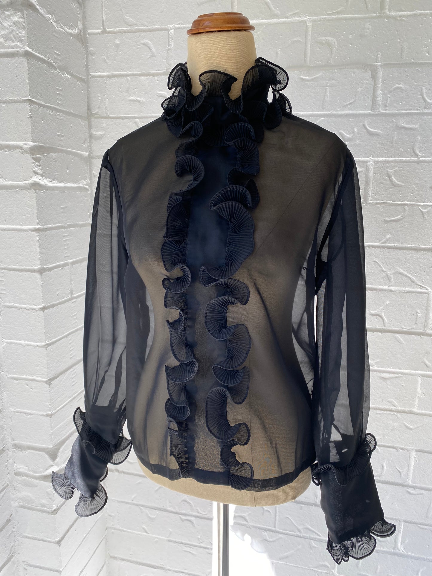 Ruffle Front Black Sheer Blouse