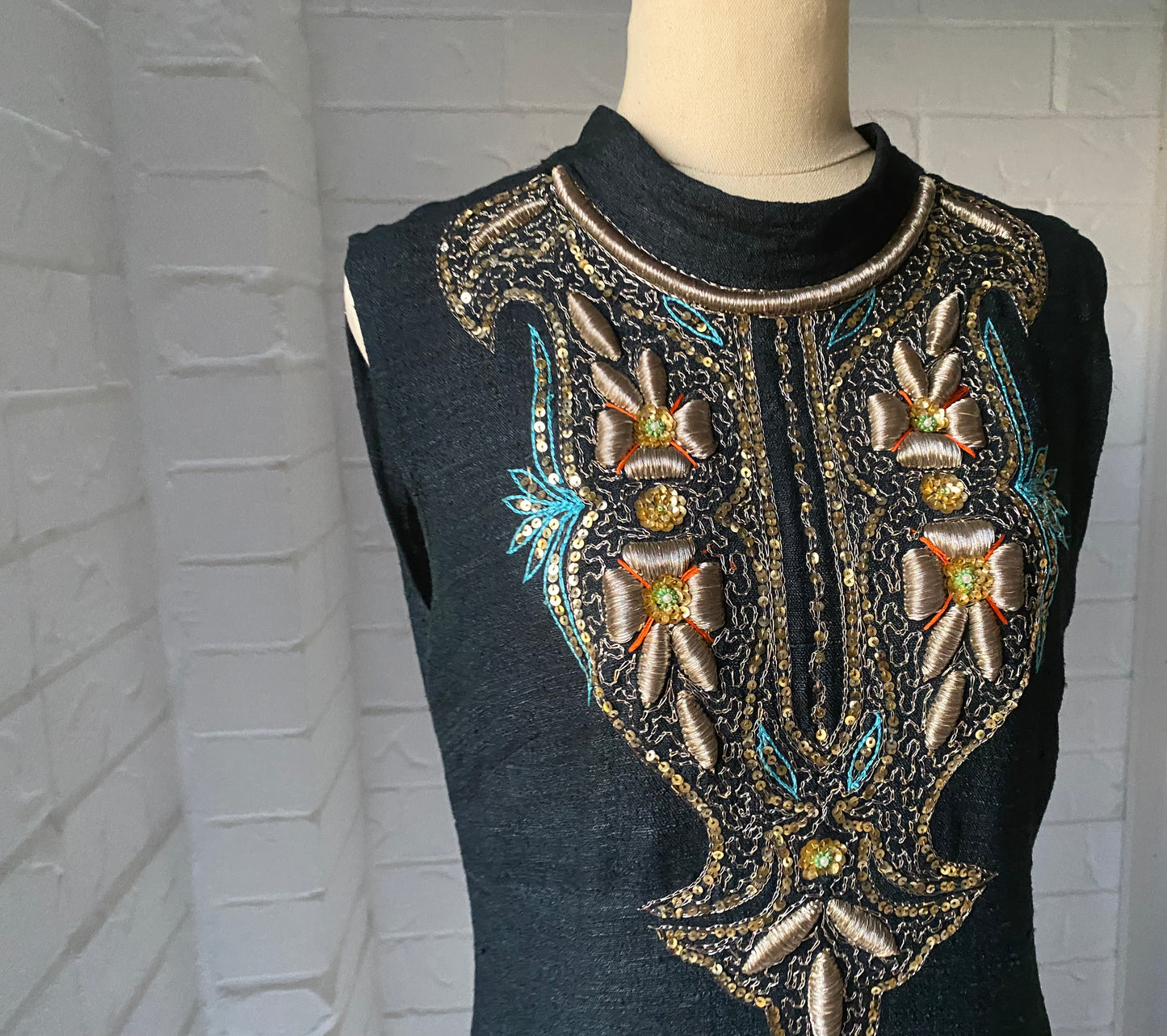 1970's Hand Embroidered Black Raw Silk Long Kaftan