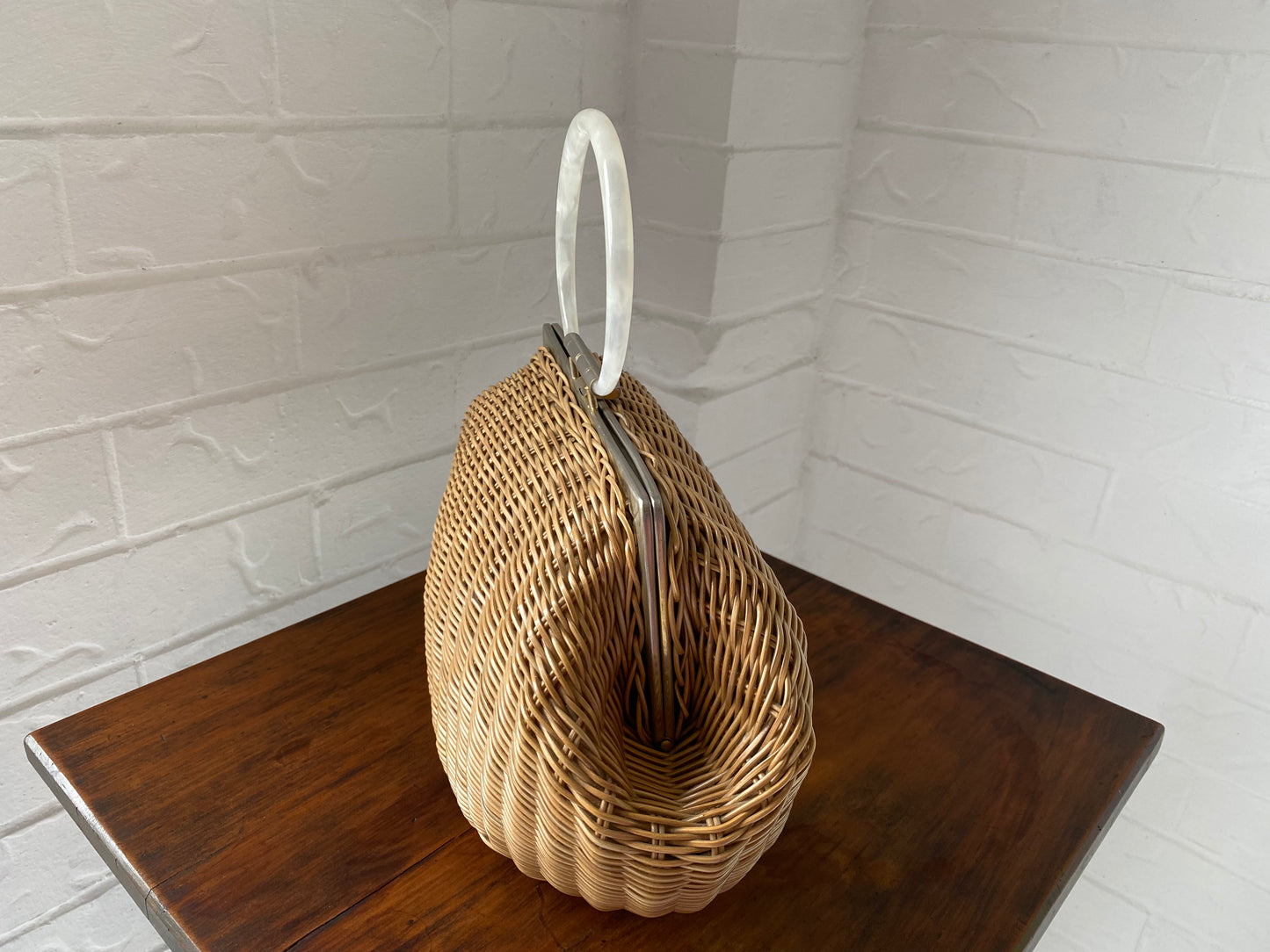 Large 1950's Plastic Wicker and Lucite Handle Bag