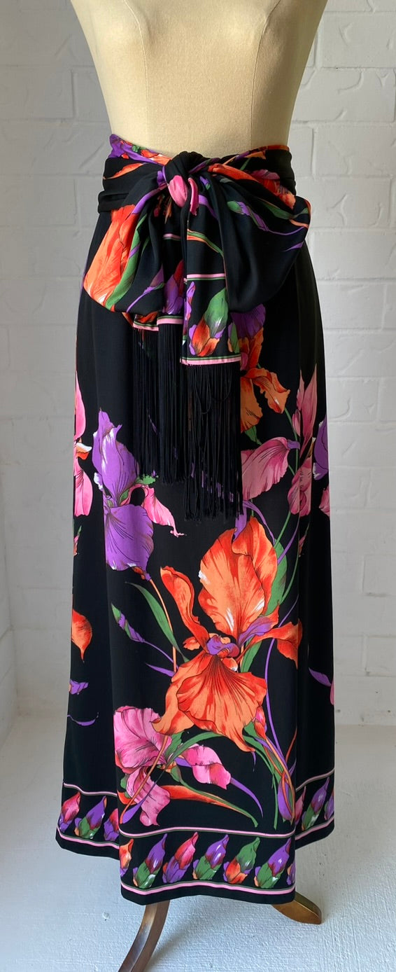 1970's Vintage KIO Floral Maxi SKirt + Fringed Tie/ Scarf