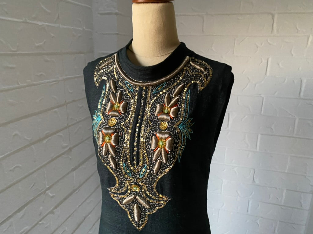 1970's Hand Embroidered Black Raw Silk Long Kaftan