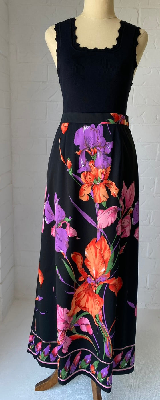 1970's Vintage KIO Floral Maxi SKirt + Fringed Tie/ Scarf