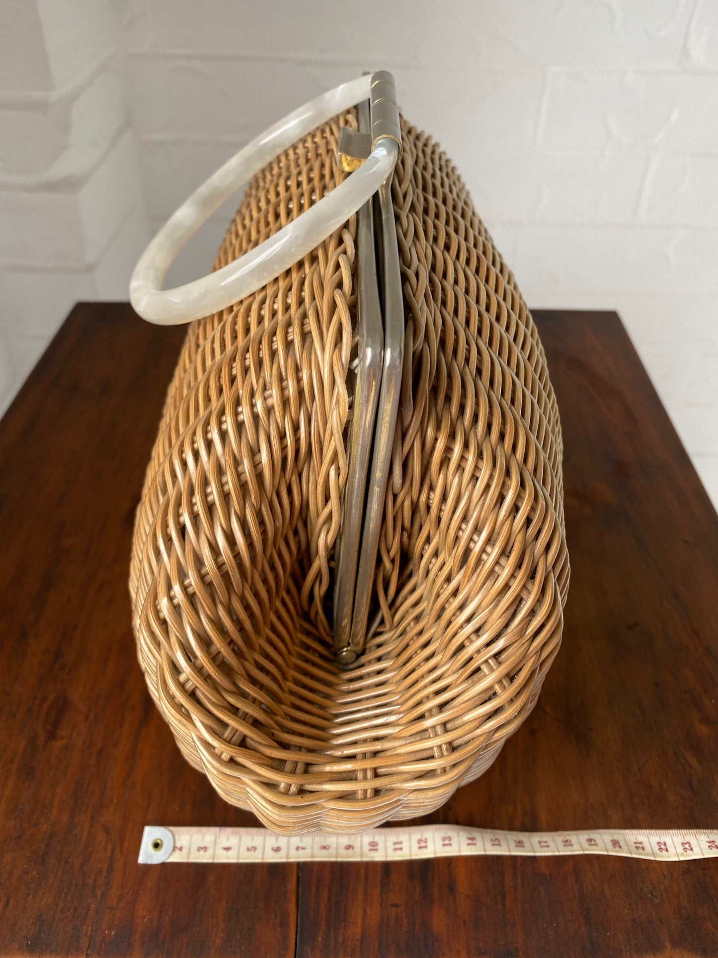 Large 1950's Plastic Wicker and Lucite Handle Bag