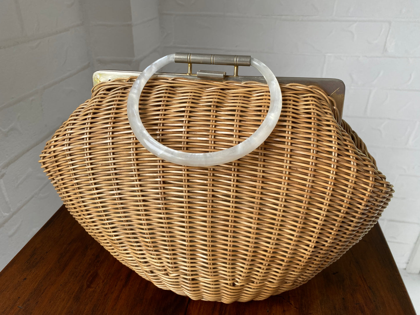Large 1950's Plastic Wicker and Lucite Handle Bag