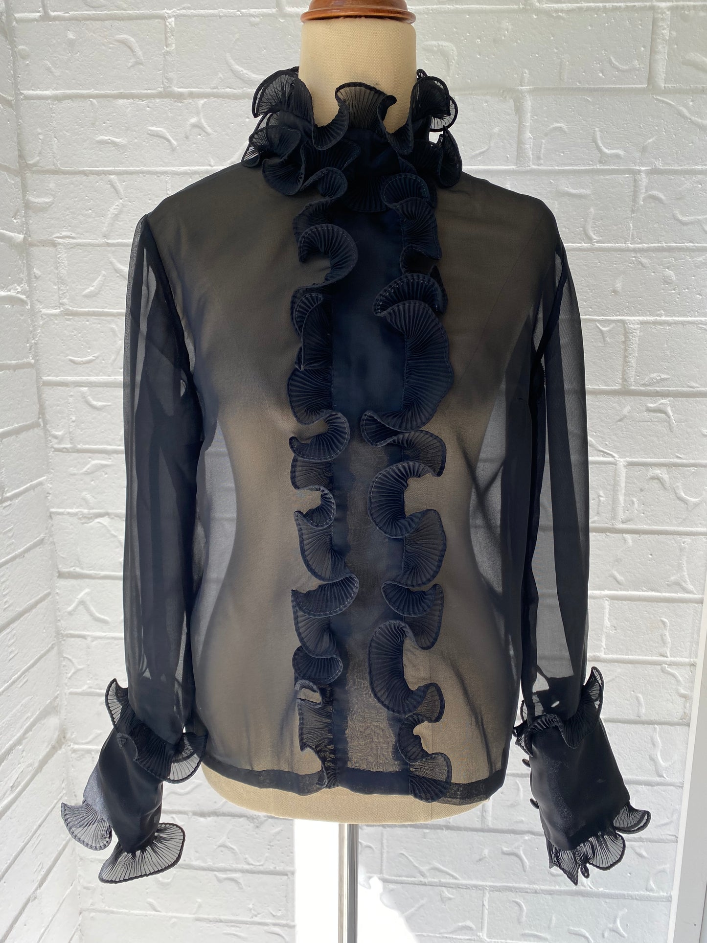 Ruffle Front Black Sheer Blouse