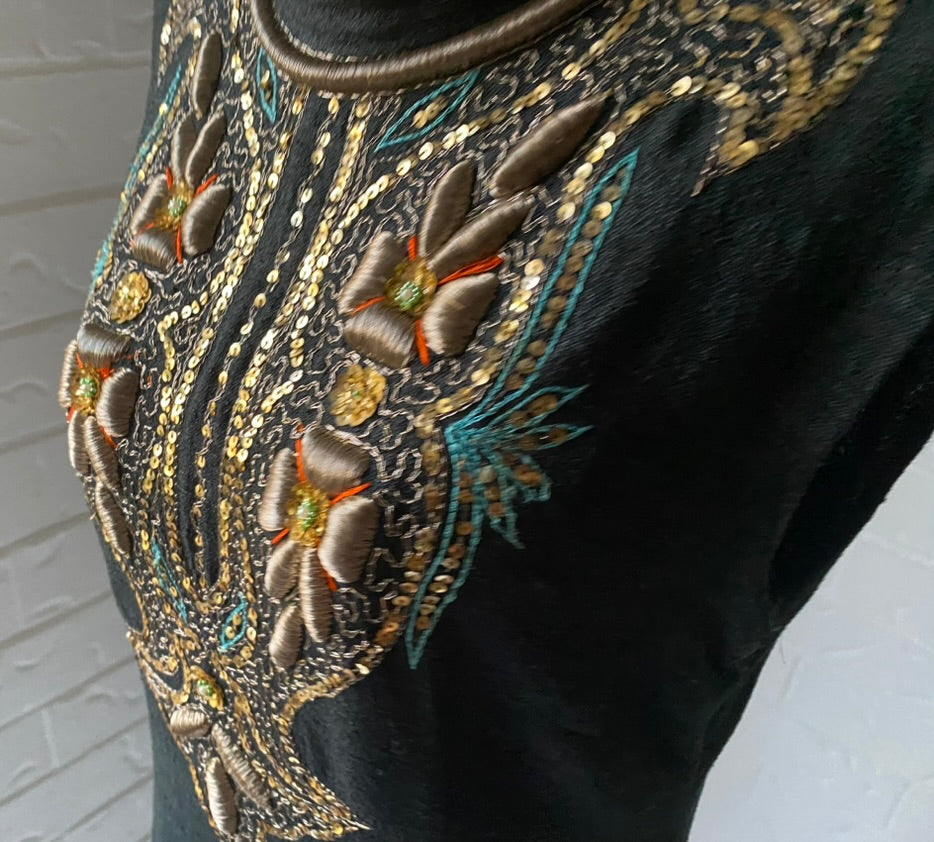 1970's Hand Embroidered Black Raw Silk Long Kaftan