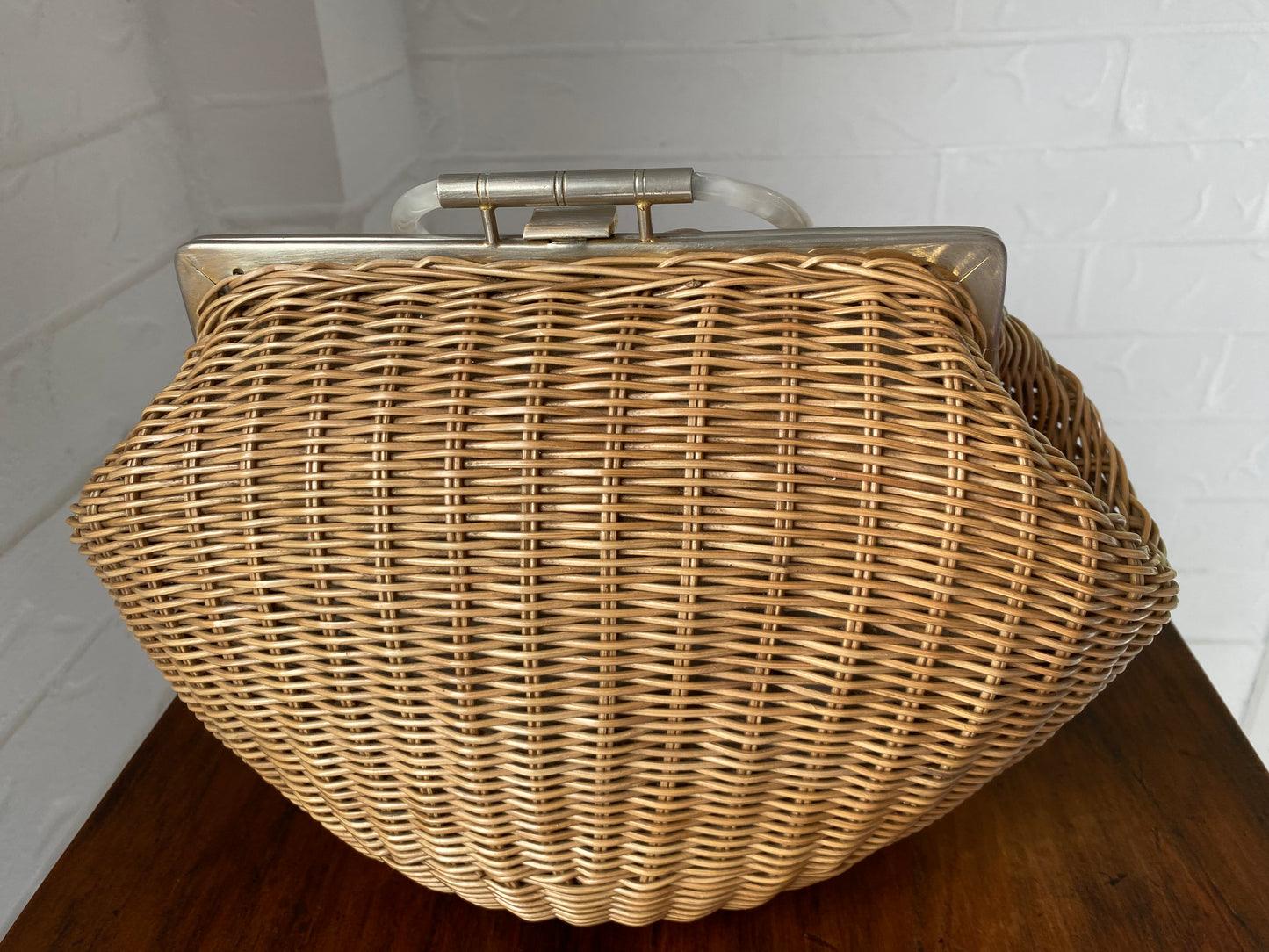 Large 1950's Plastic Wicker and Lucite Handle Bag