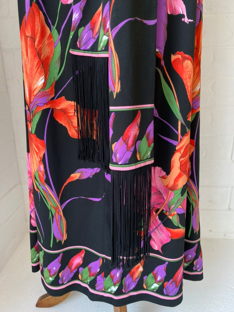 1970's Vintage KIO Floral Maxi SKirt + Fringed Tie/ Scarf