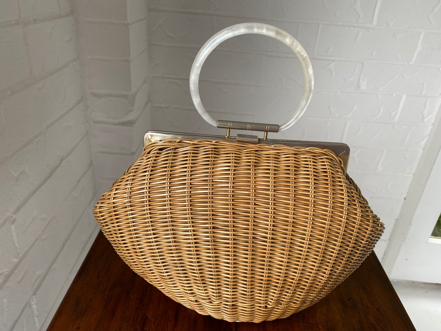 Large 1950's Plastic Wicker and Lucite Handle Bag