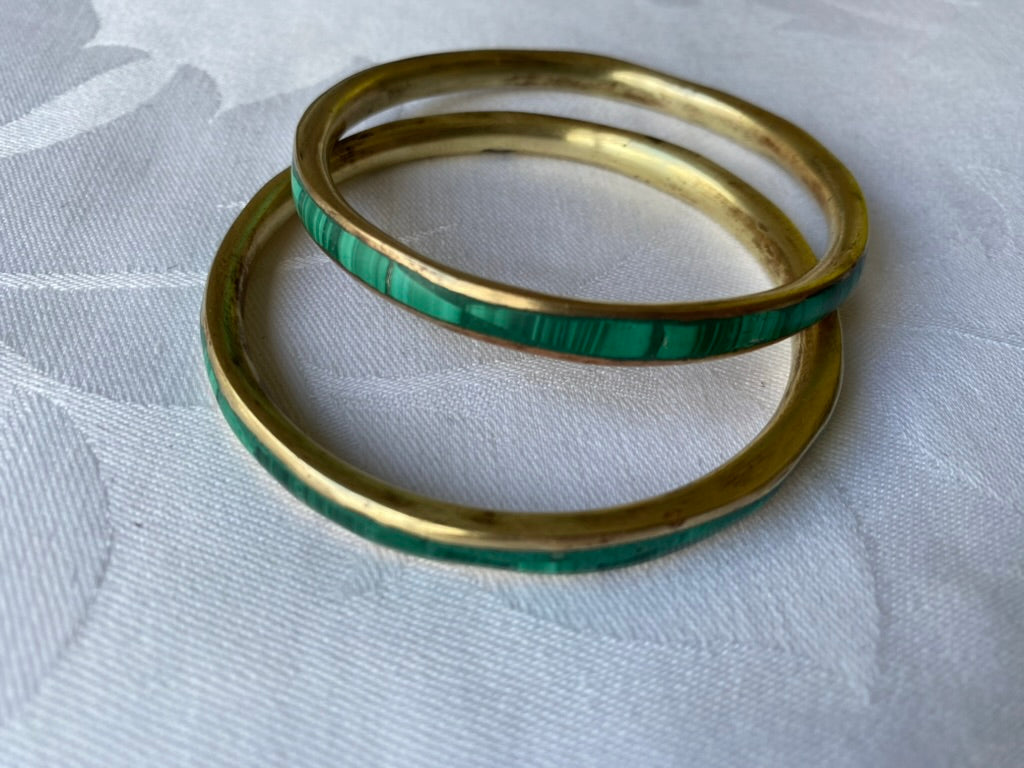 Vintage Brass Bangles Inlaid with Malachite Stone