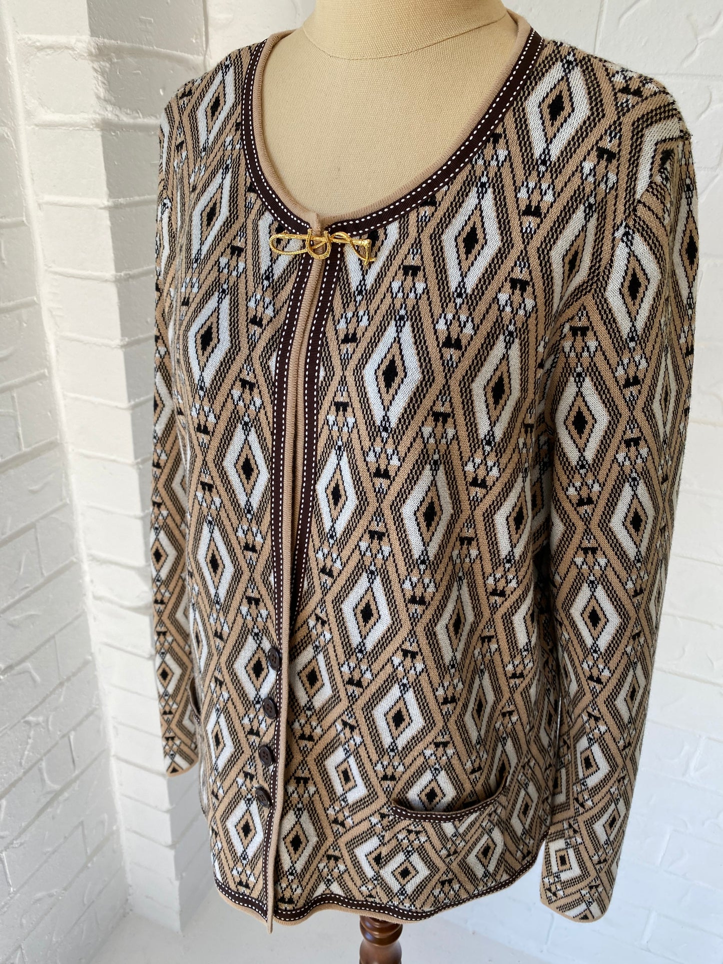 Graphic Cardigan with Equestrian Broach