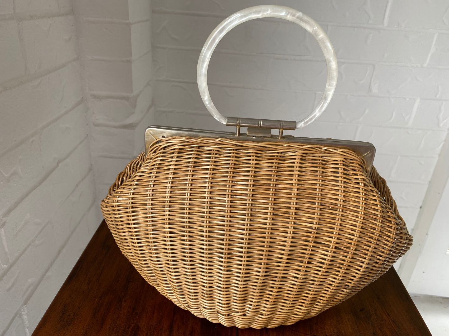 Large 1950's Plastic Wicker and Lucite Handle Bag