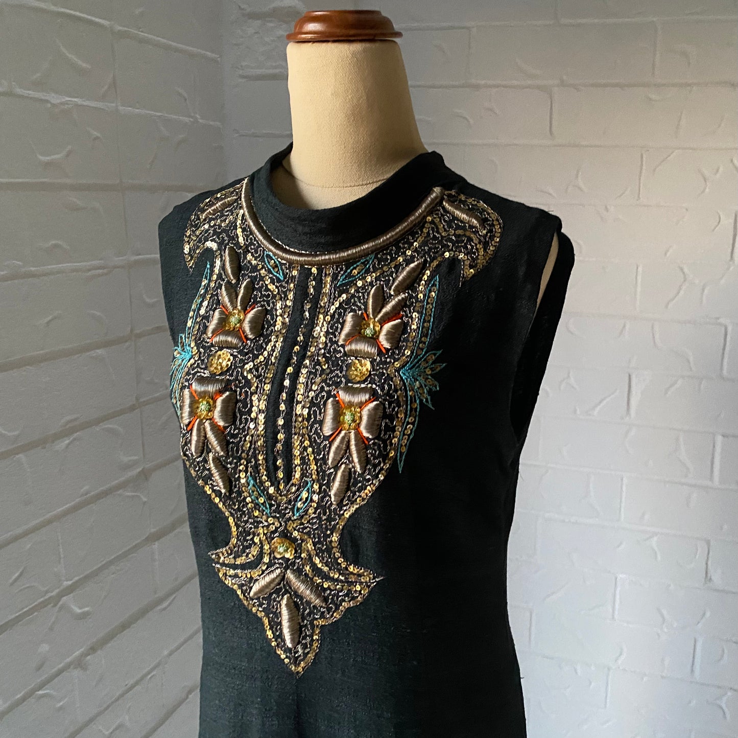 1970's Hand Embroidered Black Raw Silk Long Kaftan