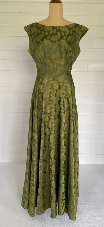 1950'S Forrest Green & Antique Gold Silk Brocade Dress