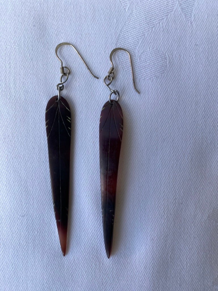 Fine Vintage Leaf Carved Tortoise Shell Drop Earrings