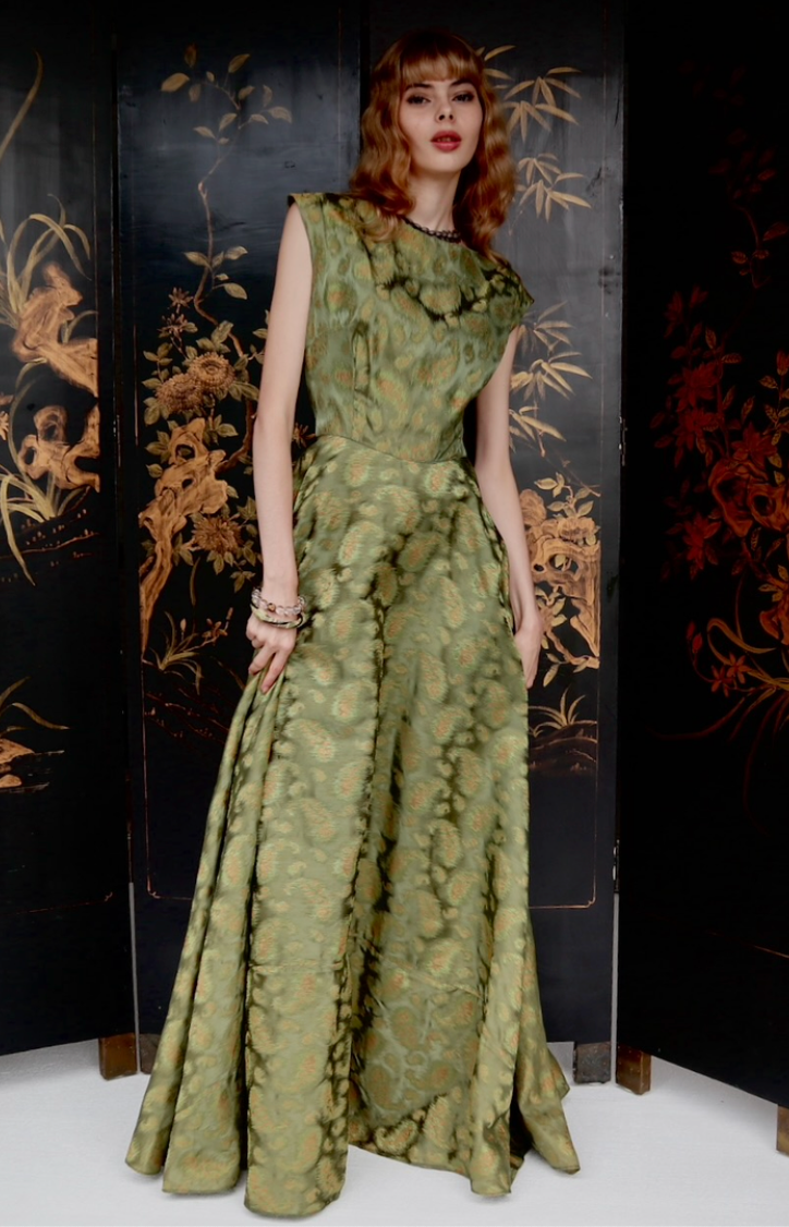 1950'S Forrest Green & Antique Gold Silk Brocade Dress