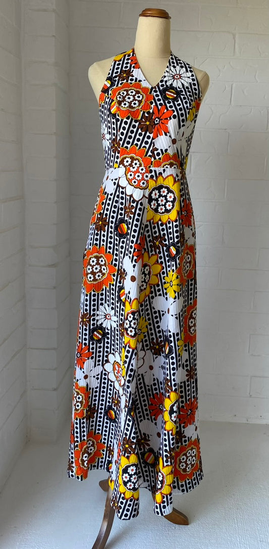 1970's Cotton Orange Flower Halter Neck Dress