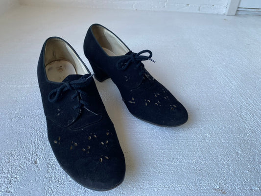 1940's Black Suede Lace Up Heels