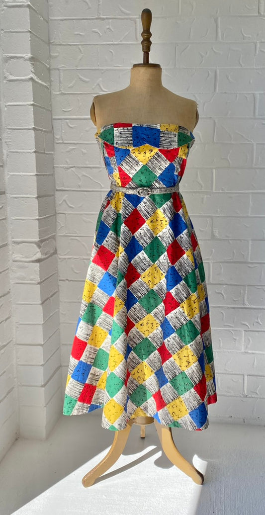 1950's Colourful Cotton Strapless Dress